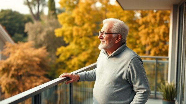 Senior couple on a balcony, smiling, autumn trees in background.