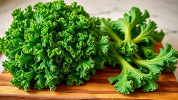 Fresh curly kale on cutting board for nutritious meals for high blood pressure.