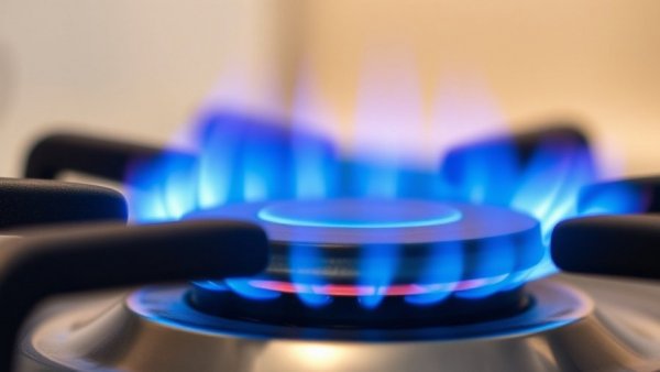 Close-up of a gas stove burner with blue flames, representing health risks.
