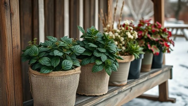 Potted plants wrapped in burlap to protect from cold and frost.