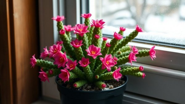 Lush Christmas cactus with pink flowers on windowsill.