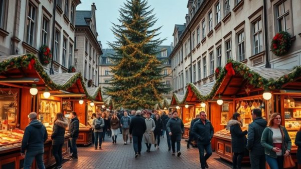 European-style Christmas market in the US, festive stalls and large Christmas tree.