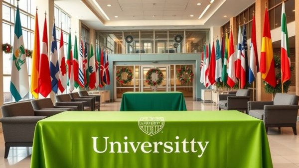 Eastern Michigan University lobby featuring international flags and seating, Michigan travel guide information.