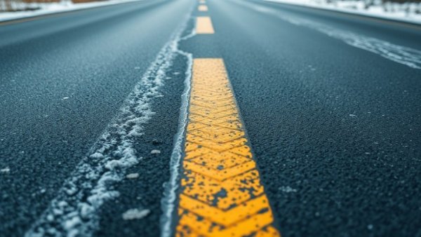 Icy Michigan road surface with yellow lines, wintery conditions.