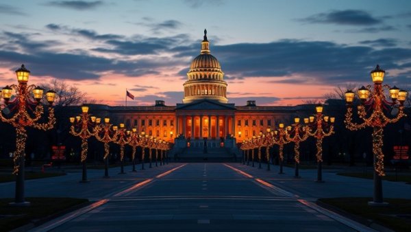 Capitol building at dusk with festive lights on path, reflecting tourism aspect unrelated to Canadian tourism decline.