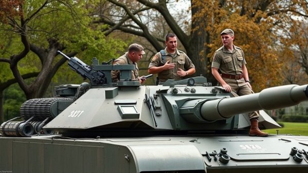Military personnel on M1 Abrams tank under tree, discussing.