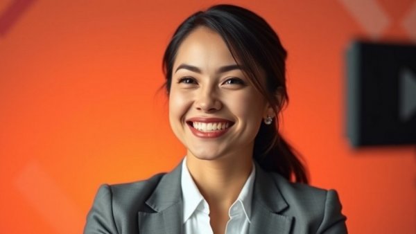 Interview backdrop with professional woman, conference branding.