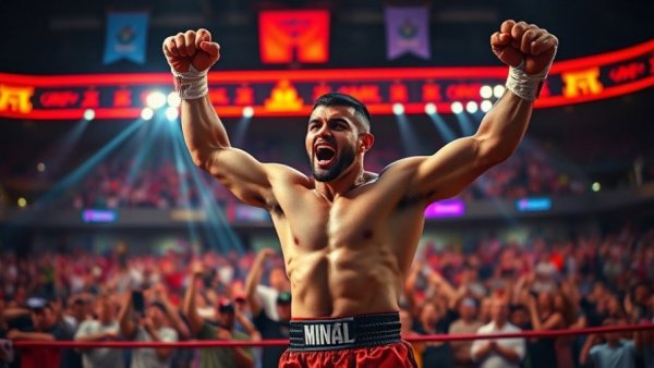 Martial artist triumphant in dynamic arena, winning moment.