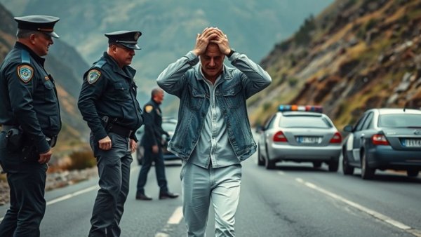Cinematic scene of man being detained by police on a mountain road.
