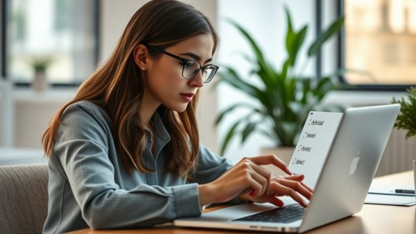 Woman conducting self-appraisal performance evaluations on laptop.