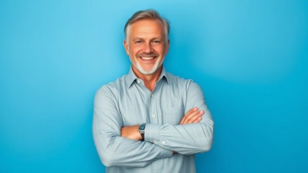 Confident middle-aged man standing against a blue wall, school smartphone policies enforcement.