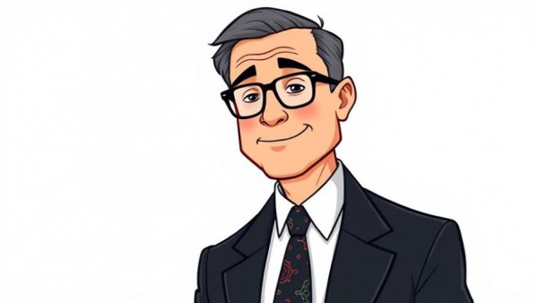 Stylized drawing of a man in a suit, smiling slightly.