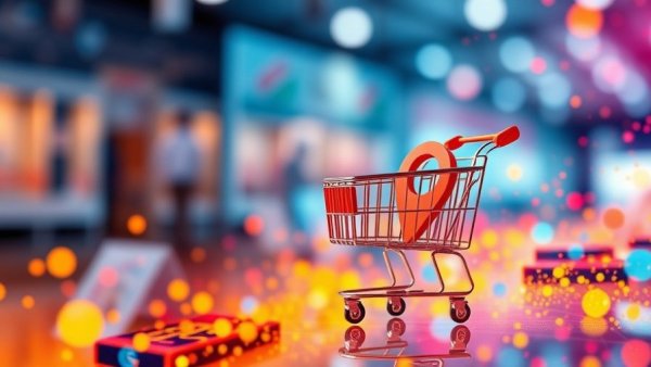Abstract retail industry illustration with shopping cart and location pin.