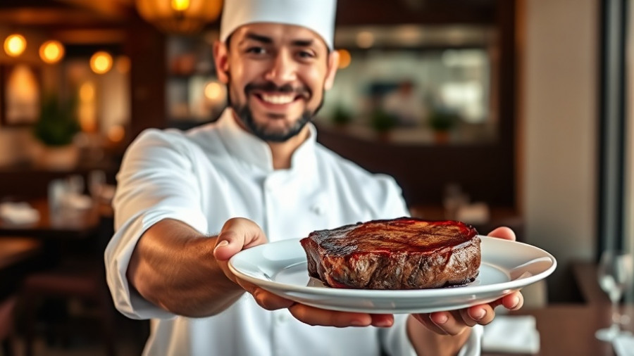 Chef presenting a perfectly cooked steak at the best steakhouse in Michigan