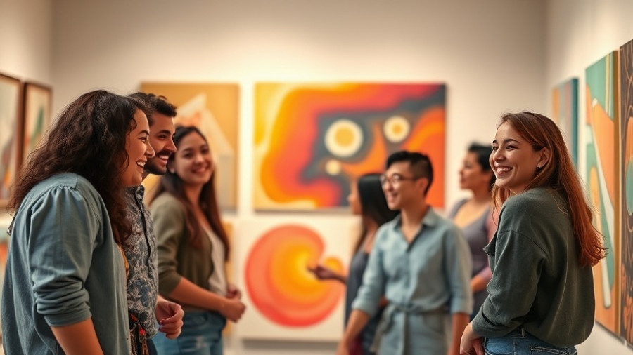 Diverse artists joyfully engaged in vibrant artworks at a gallery, capturing local event listings.
