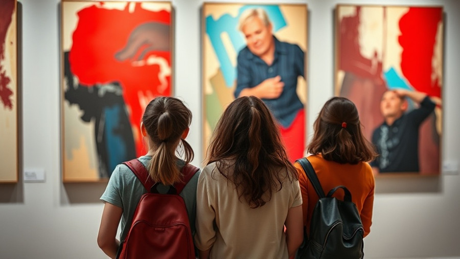 Visitors captivated by vibrant abstract art at a local gallery in Michigan.