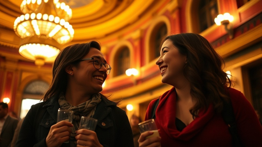 Excited theatergoers in a warm-lit lobby, highlighting community events in Muskegon.