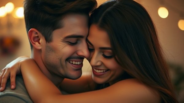 Intimate couple embracing closely, warm ambient light scene.