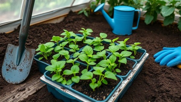 Thriving seedlings with garden tools for December planting