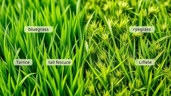 Close-up of bluegrass, tall fescue, fine fescue, ryegrass with labels