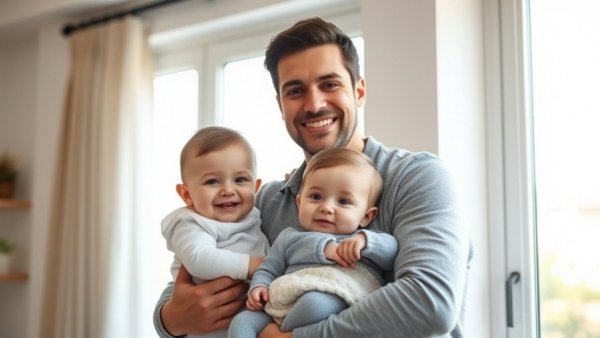 Family photo of smiling parents holding their baby, indoor setting.