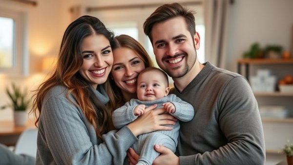 Michigan construction worker smiling with family indoors.