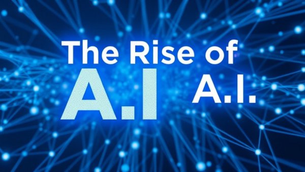 Futuristic digital graphic 'The Rise of A.I.', AI business efficiency theme.