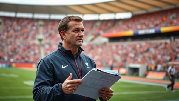 Focused coach on the field explaining strategy.