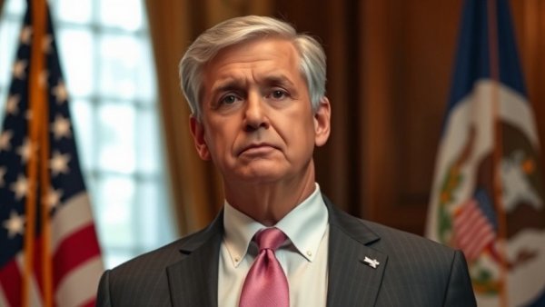 Man in a suit with flags behind, discussing Michigan Indiana border bill.