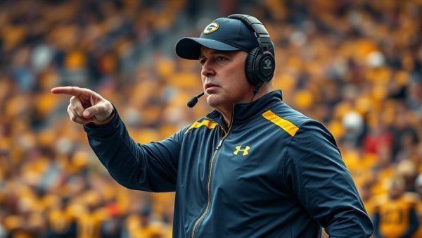 Football coach pointing and speaking during a game, Michigan coaching misconduct implications.