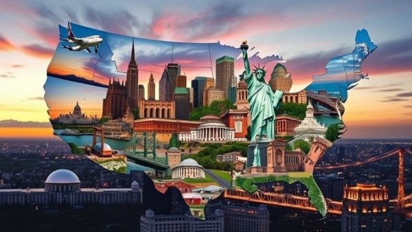 Tourism in America collage featuring landmarks in USA map silhouette.