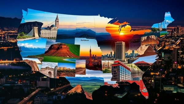 Collage of US landscapes and cityscapes in a silhouette map, Southern Delaware tourism economy