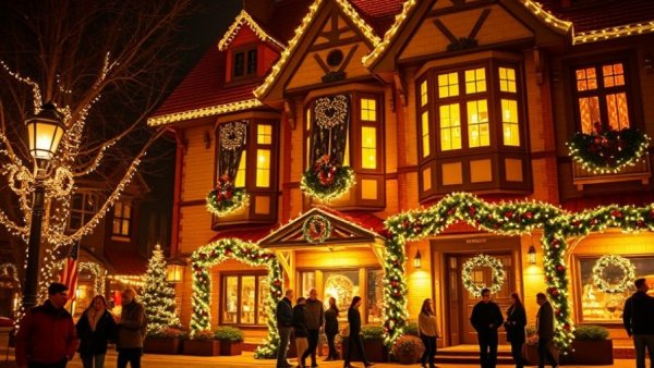 Michigan historic holiday home tours under festive lights at night.