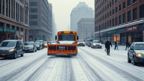 Winter storm travel delays USA; city snowplow clearing street.