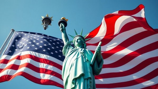 Iconic Statue of Liberty with American flag symbolizes year-end travel surge in US tourism.