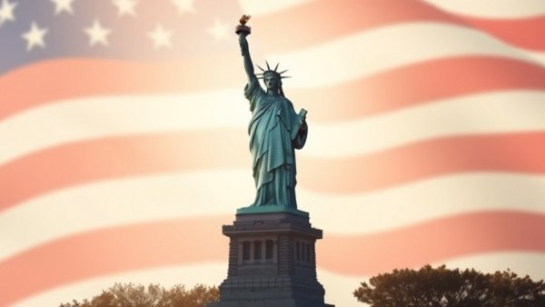 Majestic Statue of Liberty with American flag backdrop during year-end travel surge in America.