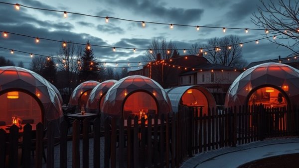 Charming heated igloo dining in Grand Rapids at night.