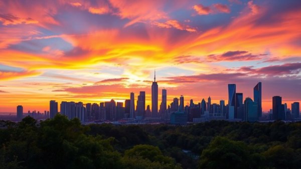Michigan startup insights cityscape at sunset with lush greenery.