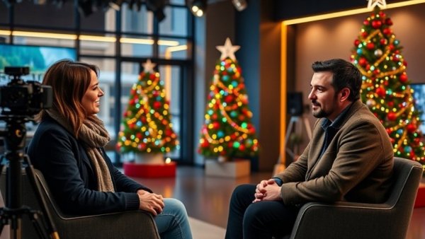 TV studio interview discussing cold weather car care package amidst holiday decor.