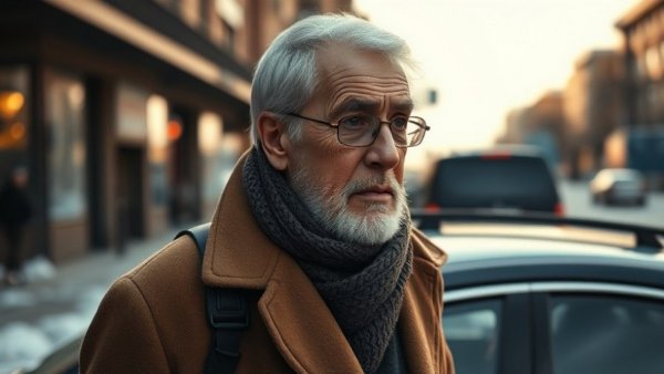 Elderly man in red hat stands by a white car, accessible transportation for disabled adults.