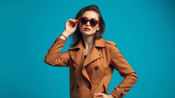 Fashionable woman in brown jacket posing confidently.