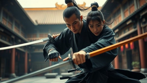 Dynamic martial artist handling swords with focus in an ancient courtyard.