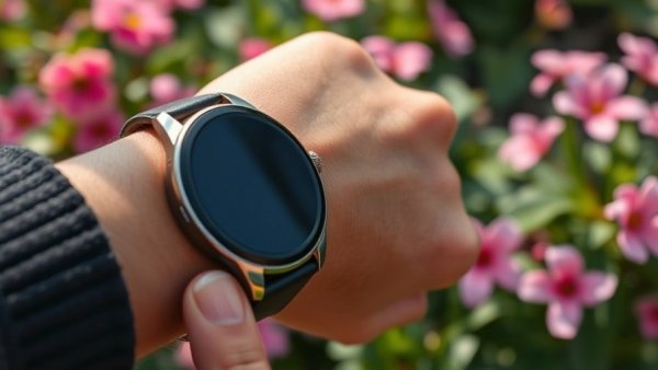 Smartwatch on wrist in garden, showing cuffless blood pressure technologies.
