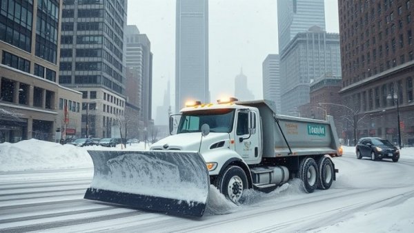 Snow plow clearing city street, snow removal services Muskegon