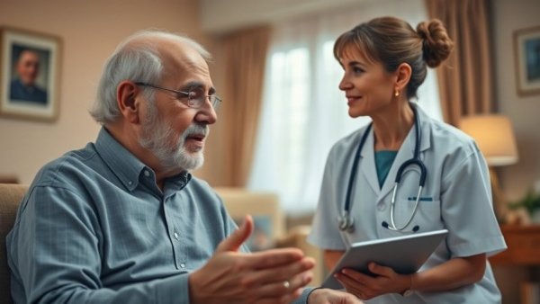 Elderly man and healthcare worker discussing CMS rescinds nursing home staffing requirements in a cozy room.