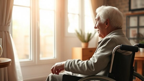 Senior in wheelchair looking outside, contrasting community gardens for seniors topic.