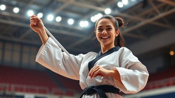 Triumphant martial artist celebrates under spotlights at a sporting event.