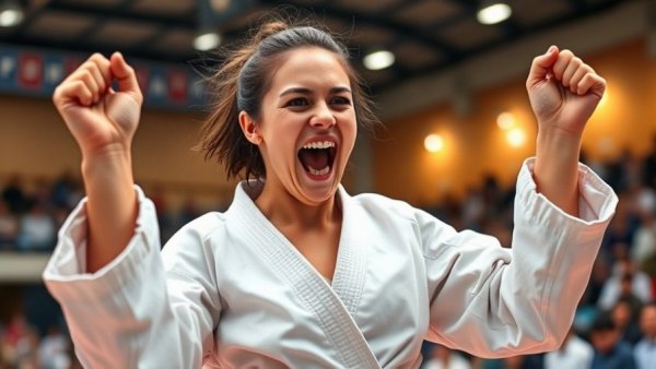 Singapore karate athlete celebrating gold medal victory