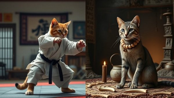 Humorous AI cat videos: karate cat and mystical circle cat.