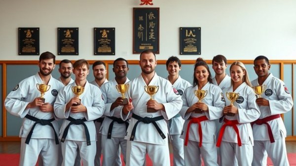 Karate class in Gurnee students showcasing trophies indoors.